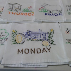 Day on the Farm Embroidered kitchen towels, days of the week