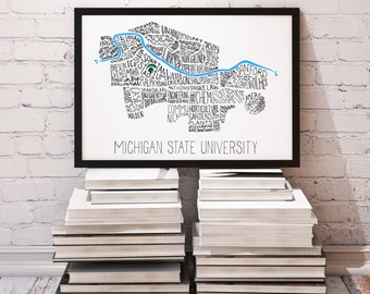 Limited Quantity! Michigan State University MSU Main Campus Typography Map - Spartans Wall Decor, Graduation or Christmas Gift (#8101)