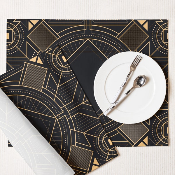 Tovaglietta Art Deco resistente all'acqua, set di 4, arredamento da tavolo art deco, tovagliette in oro nero, arredamento da tavolo moderno