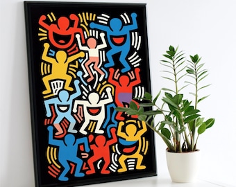 Poster popart dansende figuren, kleurrijke jaren 80 graffiti-stijl muurkunst, op street art geïnspireerde print, modern retro interieur