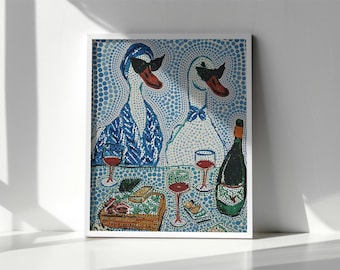Quirky Ducks wijnprint, polka dot kunst aan de muur, gans poster kunst aan de muur print, cadeau voor vriend