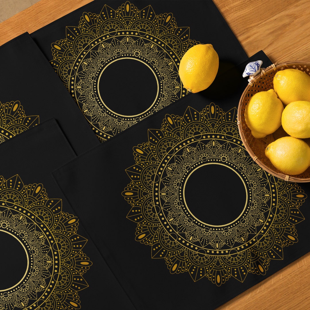 Mandala Placemats, Black Golds Place Mats Mandala Print, Modern Oriental Table Decor, Set of 4