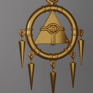 May include: A gold-colored pendant necklace featuring a circle with a triangle inside. The triangle has an eye in the center and is surrounded by five dangling spikes.