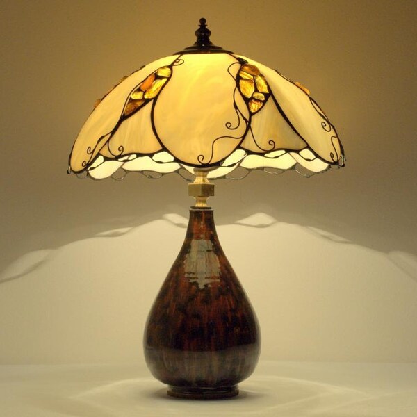 Tiffany table lamp - 11.5 inch shade hand made of stained glass and natural Baltic amber. 15.5" height ceramic base Stained glass lamp.