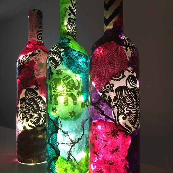 Custom Wine Bottle Lamp, Unique Wine Bottle Lamps, Nepalese Lokta Paper, Morrocan Home Decor Lamp