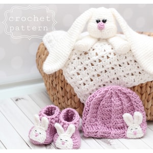 Easter crochet pattern- Bunny newborn gift set- hat booties and security blankie
