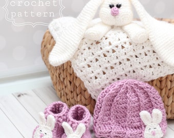Easter crochet pattern- Bunny newborn gift set- hat booties and security blankie