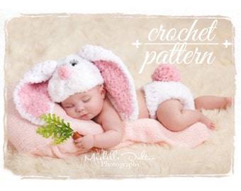 Easter PDF crochet pattern  Bunny newborn hat with floppy ears  and diaper cover set,easter bunny, spring photo prop,newborn photograpy