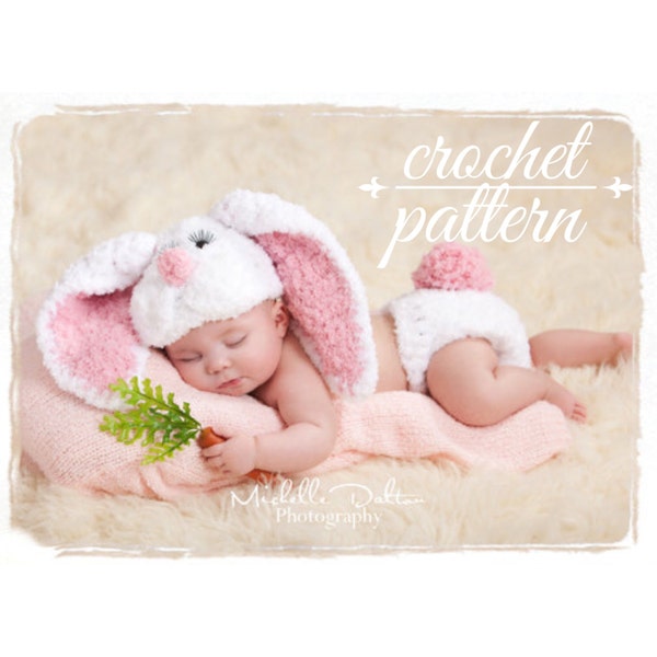 Easter PDF crochet pattern  Bunny newborn hat with floppy ears  and diaper cover set,easter bunny, spring photo prop,newborn photograpy