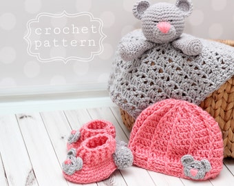 Patrón de crochet PDF- Set de regalo para recién nacido osito- patucos con gorro y mantita de seguridad