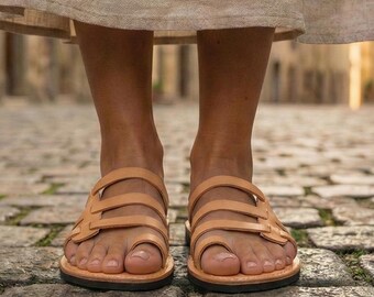 Natural Tan Leather Toe Loop Sandals | Handmade Jesus Slides | Greek Shepherd Summer Shoes | Biblical Slip On | Earthy Tan Flats | ARMIN