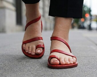 Red Leather Sandals | Colorful Statement Slides | Bold Summer Shoes | Fun Toe Loop Flats | Boho Beach Wear | BELLA