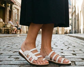 White Leather Toe Loop Sandals | Bridal Summer Flats | Wedding Guest Shoes | Elegant Slip On Slides | Fresh Summer Style | ARMIN