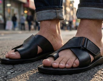 Black Leather Slide Sandals | Classic Toe Loop Slip On Flats | Minimalist Everyday Summer Shoes | Comfortable Walking Slide | BROOKLYN
