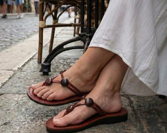 Brown Leather Sandals | Boho Vintage Button Flip Flops | Rustic Hippie Chic Summer Shoes | Earthy Thong Flats | AMBER