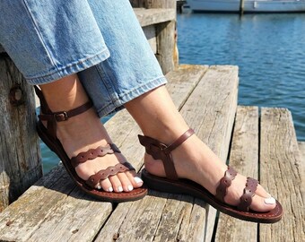 Brown Leather Sandals | Biblical Jesus Style | Handmade Scalloped Greek Shoes | Natural Shepherd Footwear| ATHENA