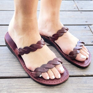 Brown Genuine Leather Slides Women Flip Flops Sandals, Greek Roman Summer Beach Sandals, Gift For Her, Handmade Comfort Thongs Sandals, NOGA