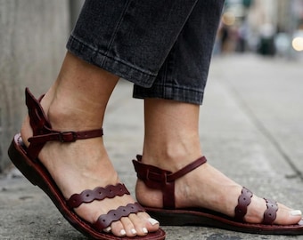Brown Sandals | Vintage Boho Leather Flats | Greek Style Scalloped Shoes | Earthy Summer Footwear| ATHENA