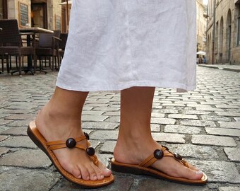 Honey Leather Sandals | Biblical Jesus Style Flip Flops | Handmade Tan Summer Shoes | Greek Shepherd Flats | AMBER