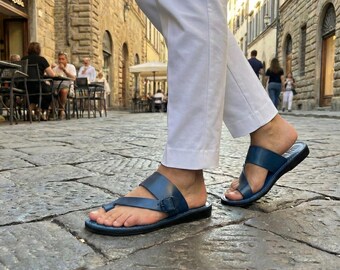 Blue Slide Sandals | Toe Ring Flats | Bright Summer Vacation Shoes | Handmade Leather Beach Footwear | Sunny| ASHER