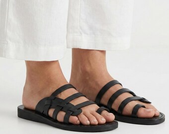 Black Leather Toe Ring Slides | Minimalist Summer Flats | Classic Everyday Walking Sandals | Comfortable Work Shoe | Elegant Slip On | ARMIN