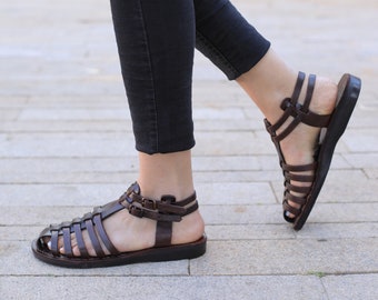 Brown Leather Fisherman Sandals for Women, Ladies Comfortable Elegant Greek style Classic Sandals, EIMI
