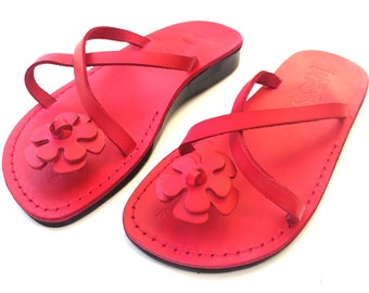 Red Leather Sandals for Women, Pretty Ladies' Flats Flip Flops, Summer Beach Sandals, GIZA