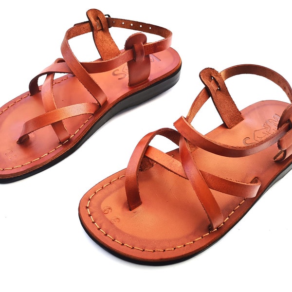 Women's Brown Leather Jesus Sandals, Classic Gladiator Style, Greek Spartan Sandals, TROY