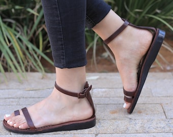 Brown Ladies' Leather Sandals, Handmade Everyday Women's Shoes, Classic Grecian Greek Flats Slides Flip Flops, Spartan Thongs Sandals, OLIVE