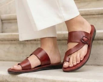 Brown Slides | Boho Leather Sandals | Vintage Style Toe Ring Flats | Rustic Greek Summer Footwear | ASHER