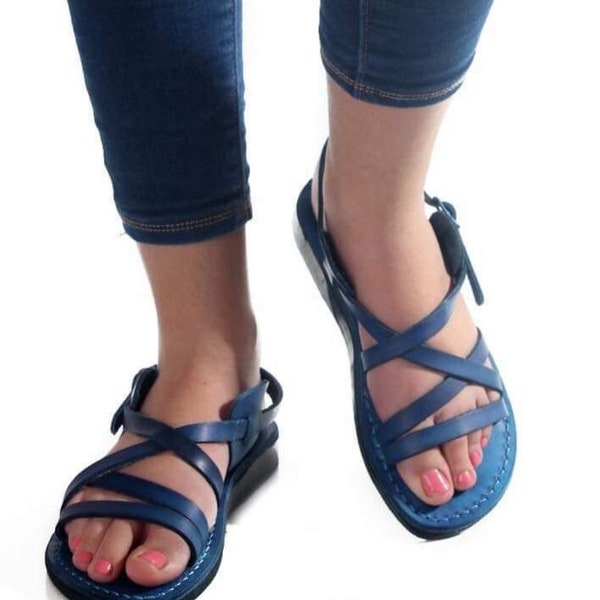 Blue Genuine Leather Strappy Sandals for Women and Men, Roman style Flats,  Comfort Walking Designer Sandals, LONDON