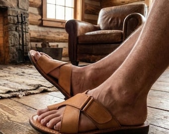 Tan Leather Toe Ring Slides | Handmade Greek Style Slip On Sandals | Natural Biblical Jesus Shoes| Summer Flat Essentials | BROOKLYN