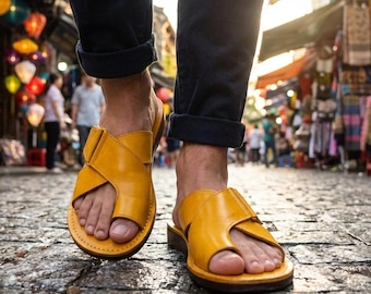 Yellow Leather Slides | Summer Vacation Sandals | Handmade Toe Loop Flats for Men | Cheerful Slip On Beach Shoes | Sun Wear| BROOKLYN