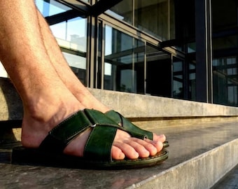 Green Leather Sandals | Toe Ring Slides | Earthy Nature Inspired Flats | Handmade Boho Slip Ons for Men  | Unique Forest Shoes | BROOKLYN