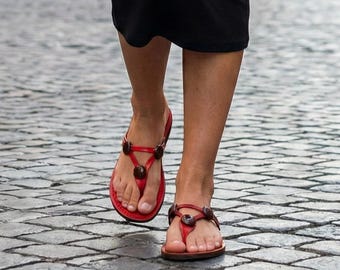 Red Leather Sandals | Bold Statement Flip Flops | Colorful Summer Shoes for Women | Unique Boho Button Flats | AMBER