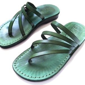Green Genuine Leather Sandals for Women, Ladies' Everyday Classic Shoes, Comfortable Summer Flip-Flops Flats Minimalist Sandals, RAINBOW