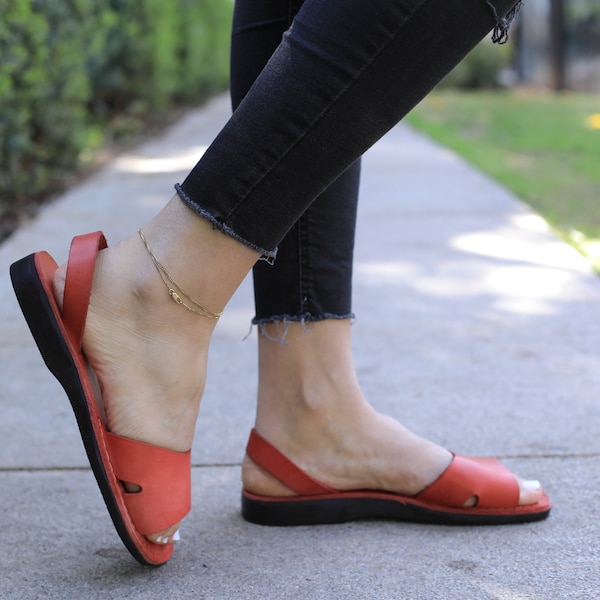 Classic Orange Leather Sandals For Women, Ladies Comfortable Flats, Slide Sandals, RINA
