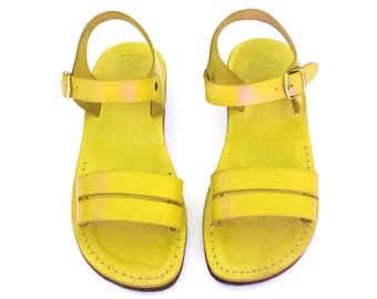 Yellow Leather Buckle Sandals for Women, Comfortable Ladies' Classic Biblical Jesus Spartan Greek Style Everyday Shoes, DAFNA