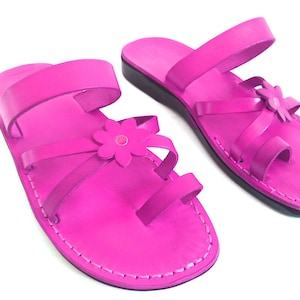 Pink Leather Summer Sandals for Women, Cute Comfortable Flip Flops, FLOWER