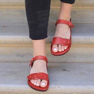 Red Leather Sandals for Women, Classic Biblical Jesus Sandals, Comfortable Grecian Spartan Greek Style with Buckle, KIBUTZ