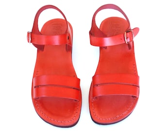 Red Leather Buckle Sandals for Women, Comfortable Ladies' Classic Biblical Jesus Spartan Greek Style Everyday Shoes, DAFNA