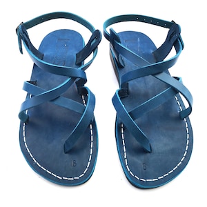 Blue Summer Beach Women&#39;s Leather Sandals, Roman Style Sandals, TROY