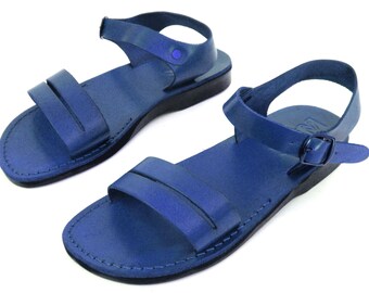 Blue Leather Buckle Sandals for Women, Comfortable Ladies' Classic Biblical Jesus Spartan Greek Style Everyday Shoes, DAFNA