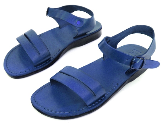 Blue Leather Buckle Sandals for Women, Comfortable Ladies' Classic Biblical Jesus Spartan Greek Style Everyday Shoes, DAFNA