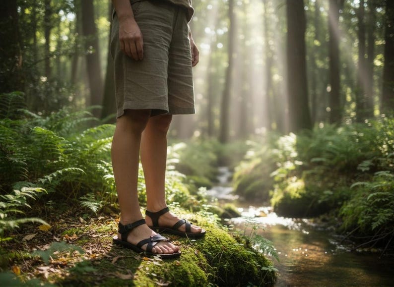 Black leather hiking-style sandals on a mossy rock by a stream. Durable adventure footwear for women suitable for nature walks and outdoors.