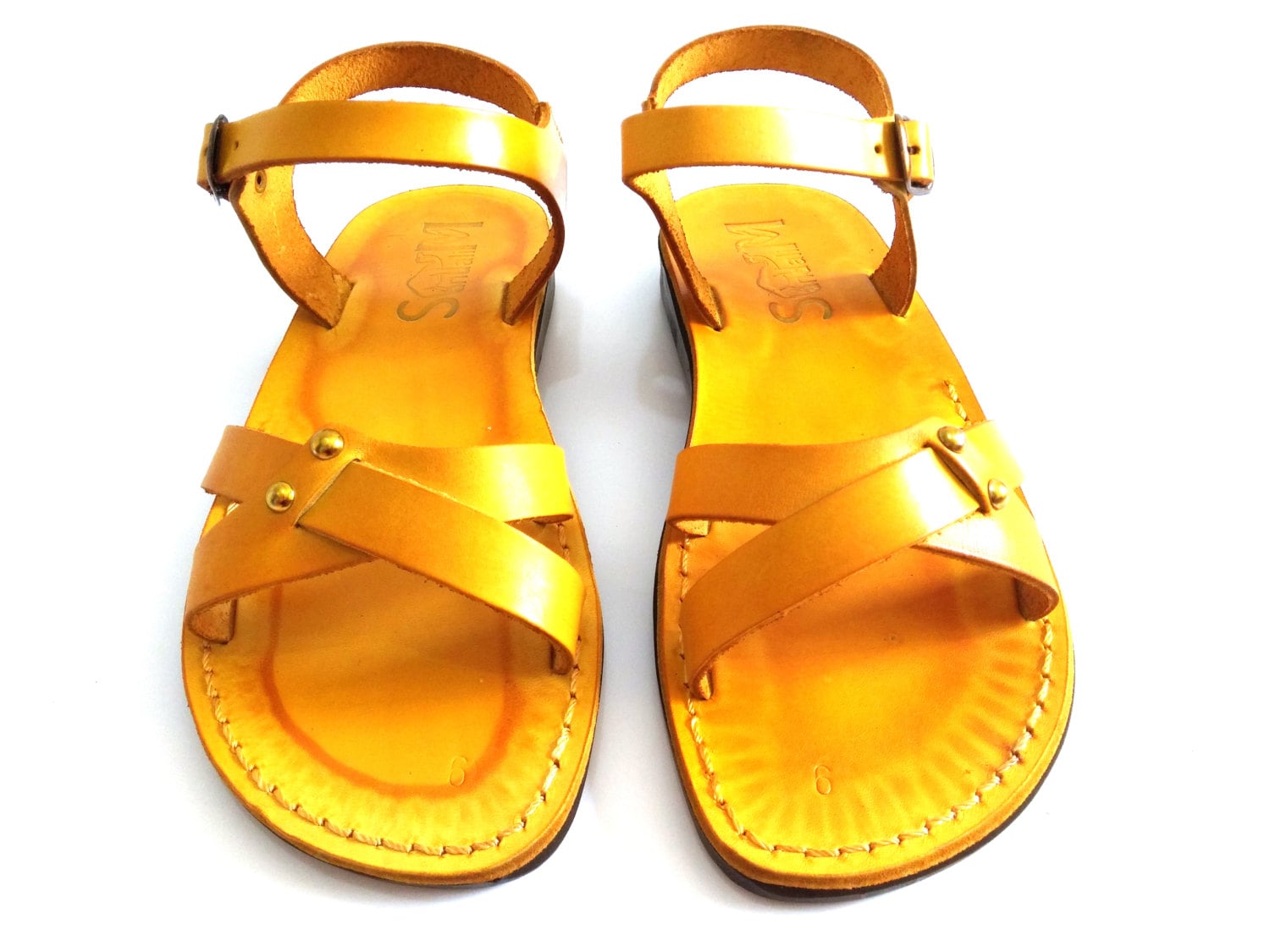 Yellow Leather Sandals with Buckle for Women Comfortable Classic Ladies Strappy Summer Beach Sandals Greek Roman Style ARIELA