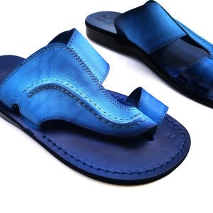 Blue Leather Sandals for Men and Women, Unique Handmade Classic Toe Ring Sandals, Summer Beach Greek Spartan Style Sandals, NAPOLI