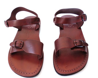 Brown Leather Sandals for Women and Men, Classic Biblical Roman Spartan Summer Beach Buckle Sandals, Grecian Ancient Jesus Sandals, KIBUTZ