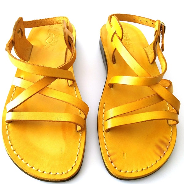 Yellow Genuine Leather Strappy Sandals for Women and Men, Grecian Beach Summer Strappy Flats Sandals for Ladies, LONDON