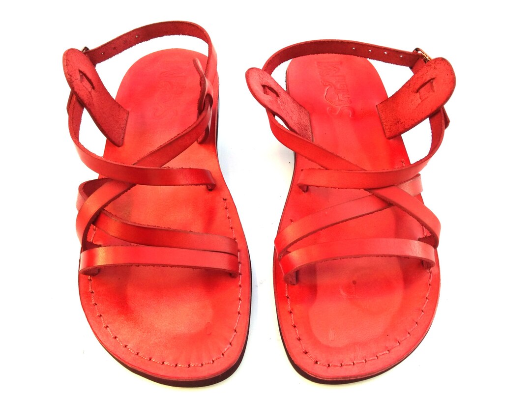 Red Leather Sandals for Women, Ladies' Greek Style Handmade Flats